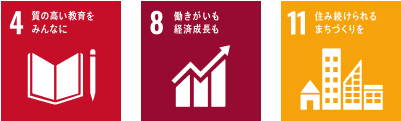4 質の高い教育をみんなに / 8 働きがいも経済成長も / 11 住み続けられるまちづくりを